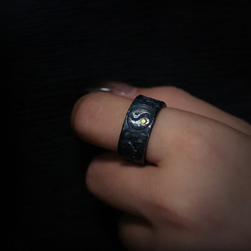 999 Sterling Silver & Gold Yin Yang Taoist Talisman Engraved Balance Ring