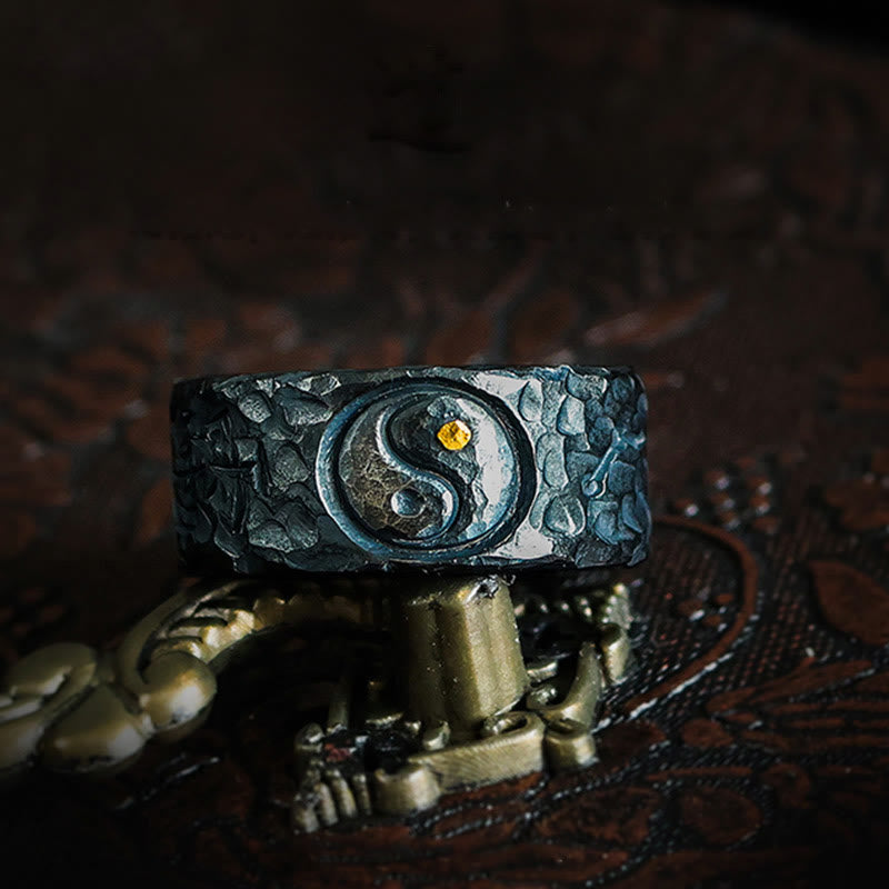 999 Sterling Silver & Gold Yin Yang Taoist Talisman Engraved Balance Ring