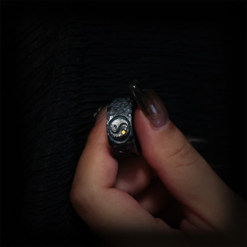 999 Sterling Silver & Gold Yin Yang Taoist Talisman Engraved Balance Ring