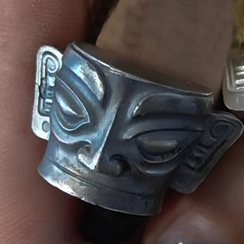 Hand-Cast 999 Sterling Silver Sanxingdui Mask Ancient Heritage Ring