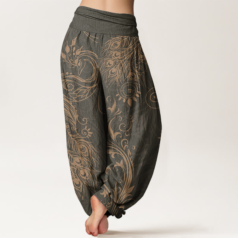 Cotton Casual Peacock Design Women's Elastic Waist Harem Pants
