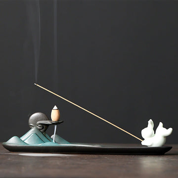 Minimalist Ceramic Stick Incense Burner with Moon Rabbit, Pixiu & Mountain Motifs
