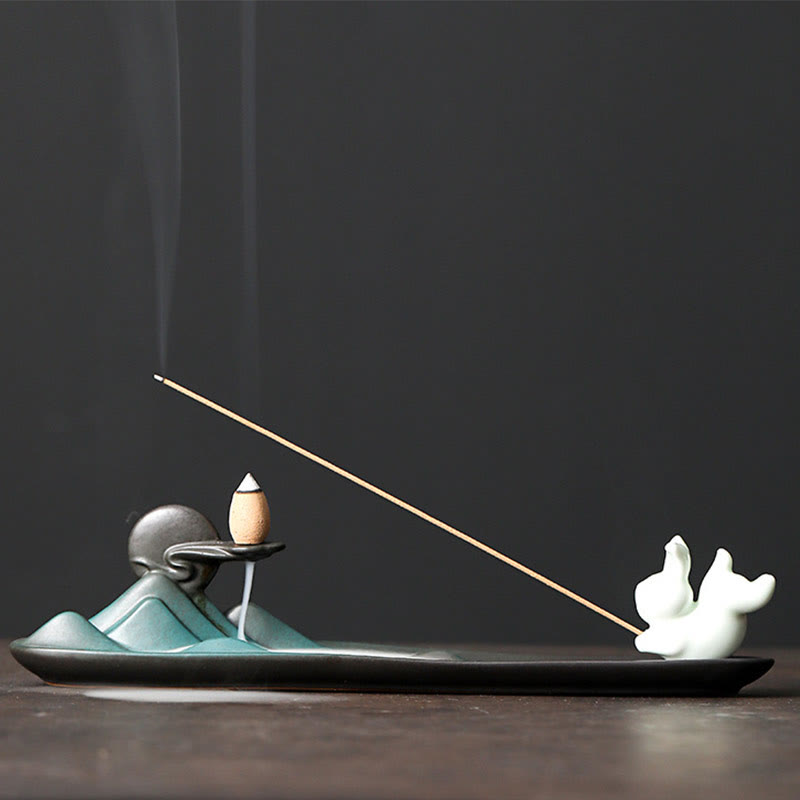 Minimalist Ceramic Stick Incense Burner with Moon Rabbit, Pixiu & Mountain Motifs