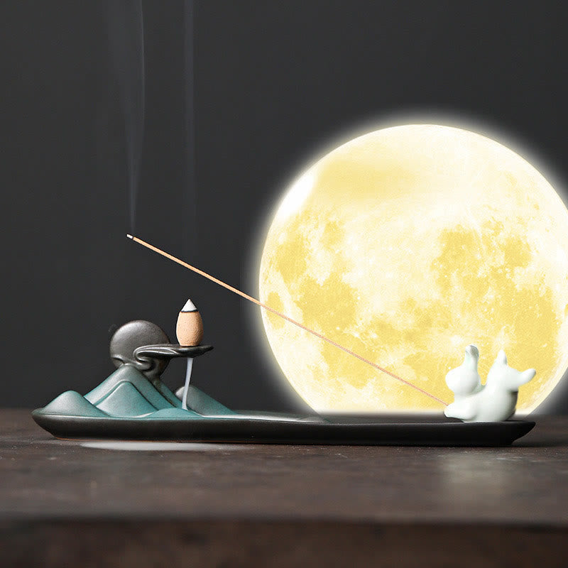 Minimalist Ceramic Stick Incense Burner with Moon Rabbit, Pixiu & Mountain Motifs