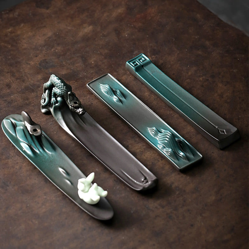 Minimalist Ceramic Stick Incense Burner with Moon Rabbit, Pixiu & Mountain Motifs
