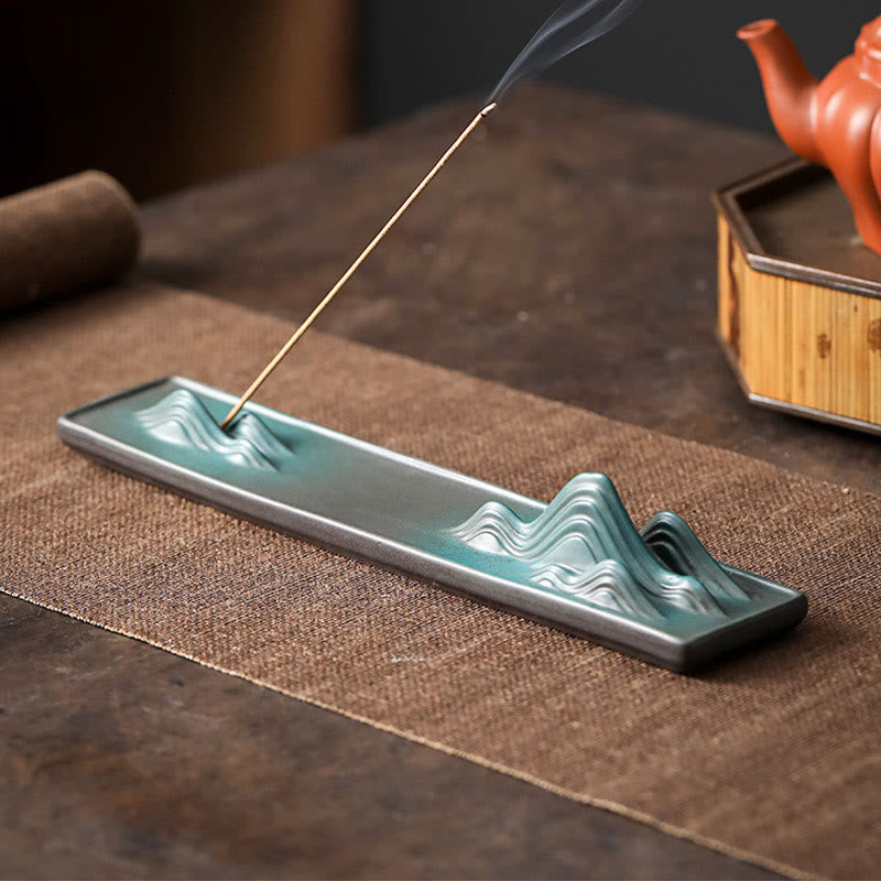 Minimalist Ceramic Stick Incense Burner with Moon Rabbit, Pixiu & Mountain Motifs