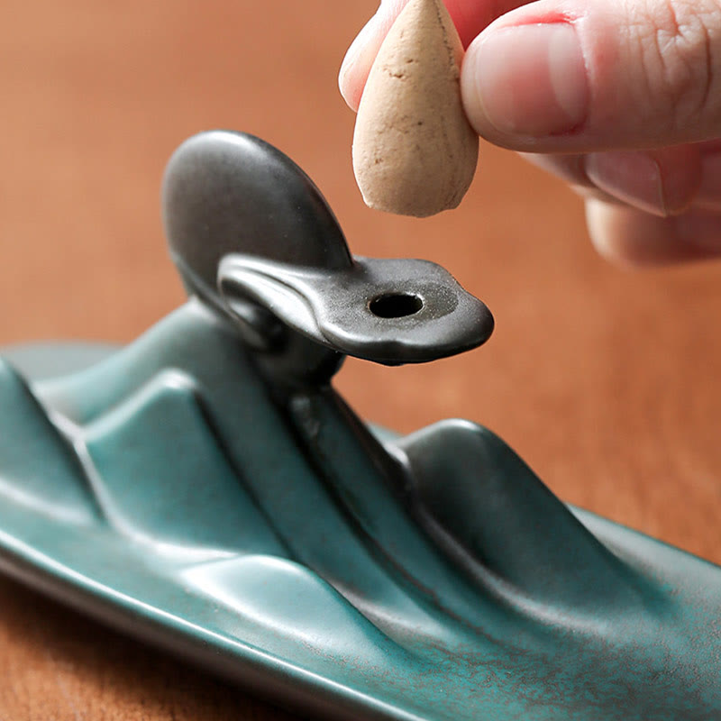Minimalist Ceramic Stick Incense Burner with Moon Rabbit, Pixiu & Mountain Motifs