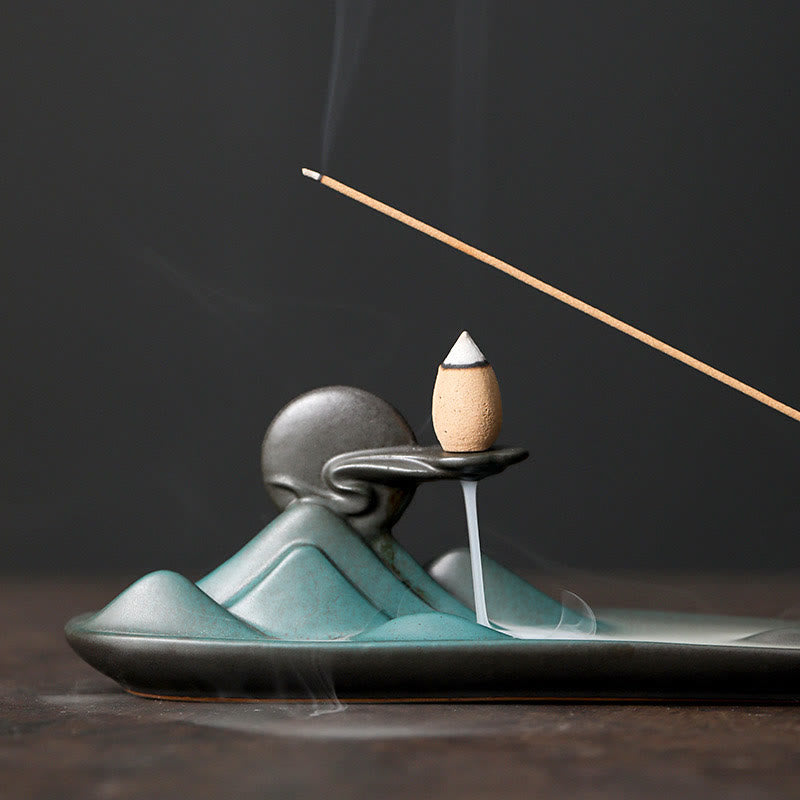 Minimalist Ceramic Stick Incense Burner with Moon Rabbit, Pixiu & Mountain Motifs
