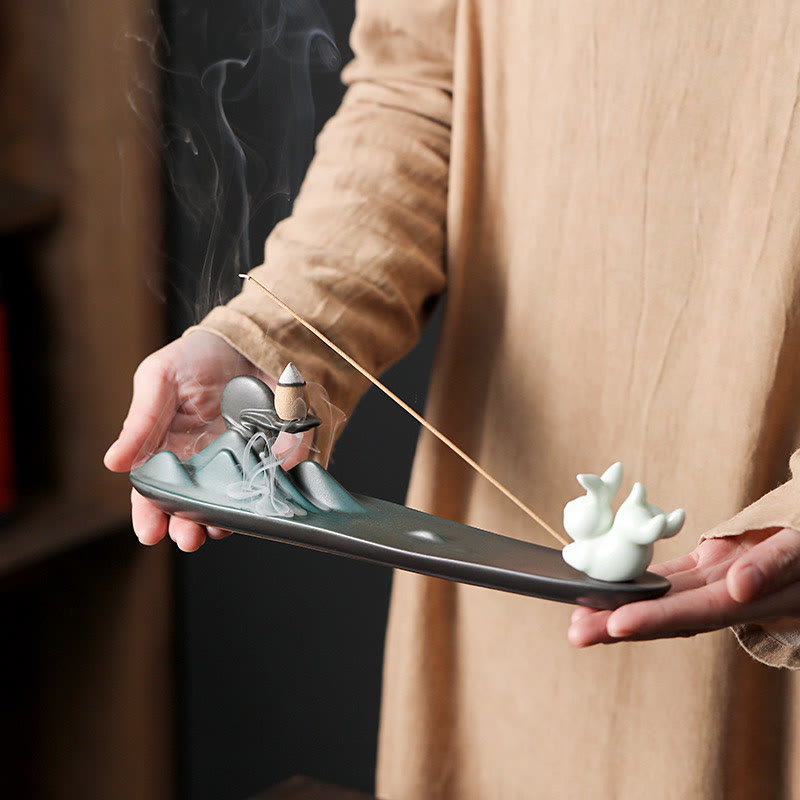 Minimalist Ceramic Stick Incense Burner with Moon Rabbit, Pixiu & Mountain Motifs