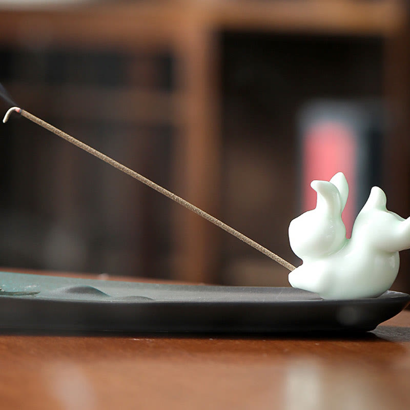 Minimalist Ceramic Stick Incense Burner with Moon Rabbit, Pixiu & Mountain Motifs