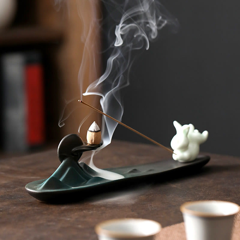 Minimalist Ceramic Stick Incense Burner with Moon Rabbit, Pixiu & Mountain Motifs