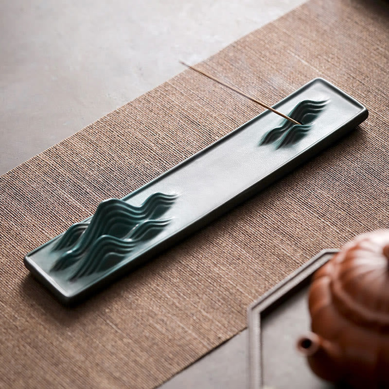 Minimalist Ceramic Stick Incense Burner with Moon Rabbit, Pixiu & Mountain Motifs