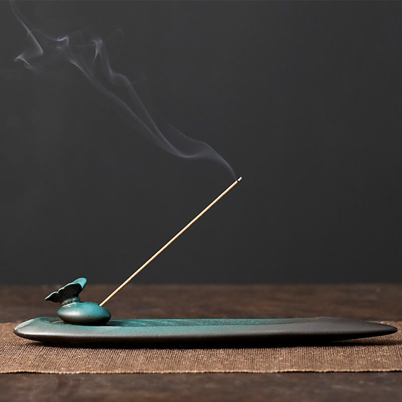Three Stones Waves Butterfly Bamboo Healing Ceramic Stick Incense Burner Decoration