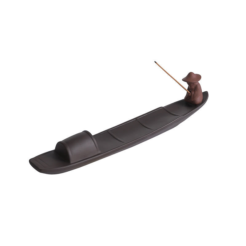 Zen Fisherman Boat Purple Clay Ceramic Stick Incense Burner