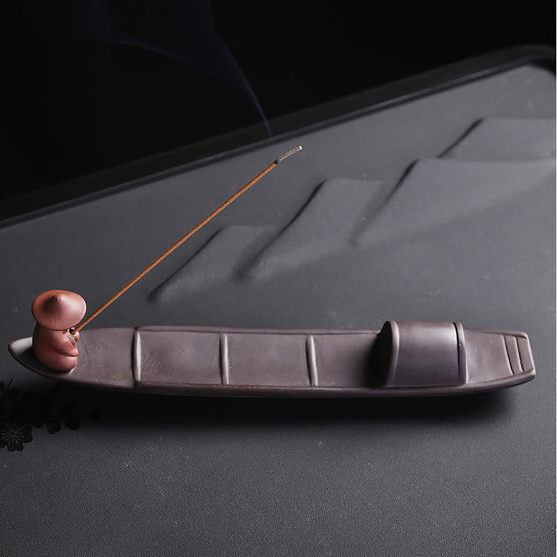 Zen Fisherman Boat Purple Clay Ceramic Stick Incense Burner