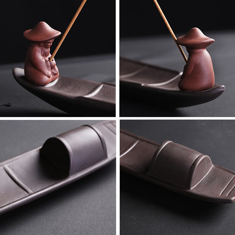 Zen Fisherman Boat Purple Clay Ceramic Stick Incense Burner