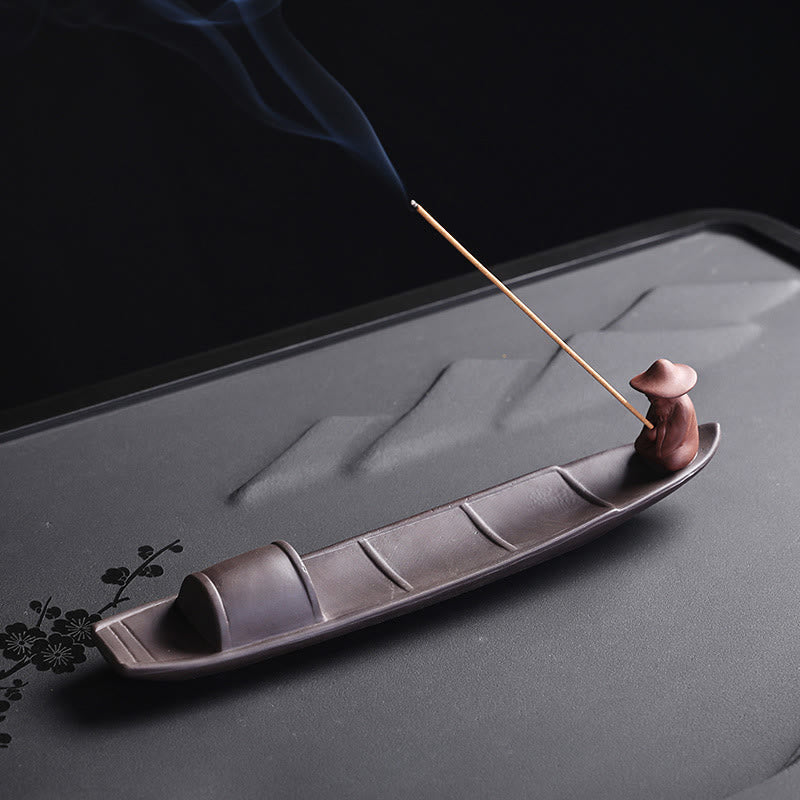 Zen Fisherman Boat Purple Clay Ceramic Stick Incense Burner