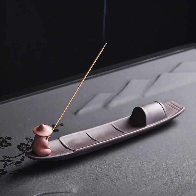 Zen Fisherman Boat Purple Clay Ceramic Stick Incense Burner
