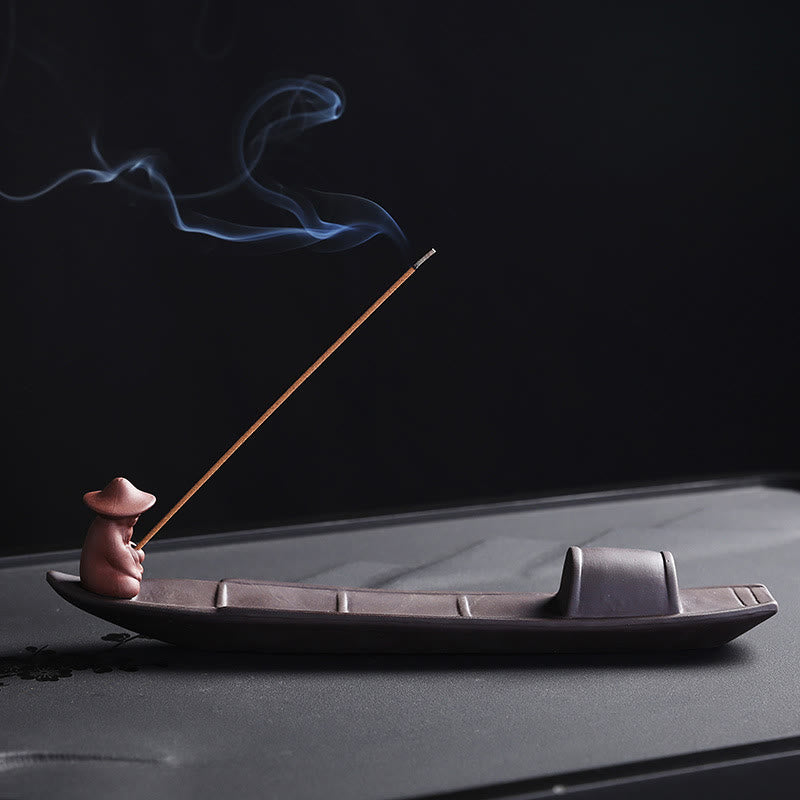 Zen Fisherman Boat Purple Clay Ceramic Stick Incense Burner