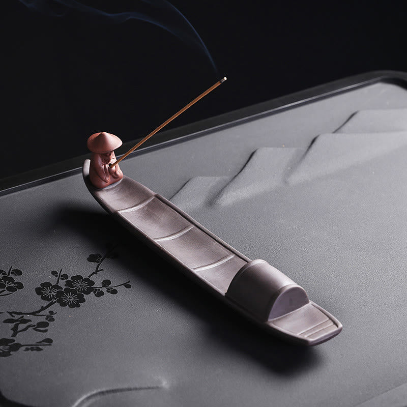 Zen Fisherman Boat Purple Clay Ceramic Stick Incense Burner