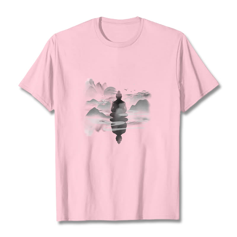 Meditating Buddha Sitting In Mountains Pattern Cotton Tee T-shirt