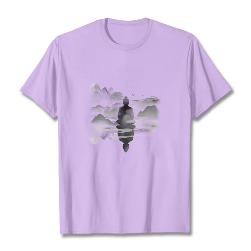 Meditating Buddha Sitting In Mountains Pattern Cotton Tee T-shirt