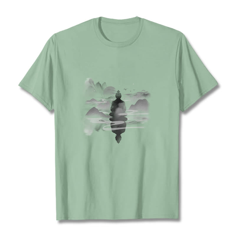 Meditating Buddha Sitting In Mountains Pattern Cotton Tee T-shirt