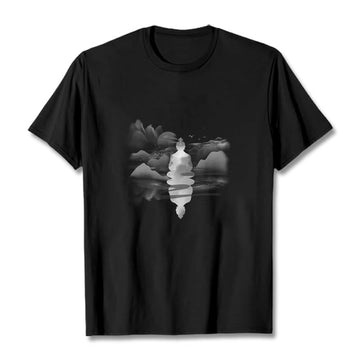 Meditating Buddha Sitting In Mountains Pattern Cotton Tee T-shirt