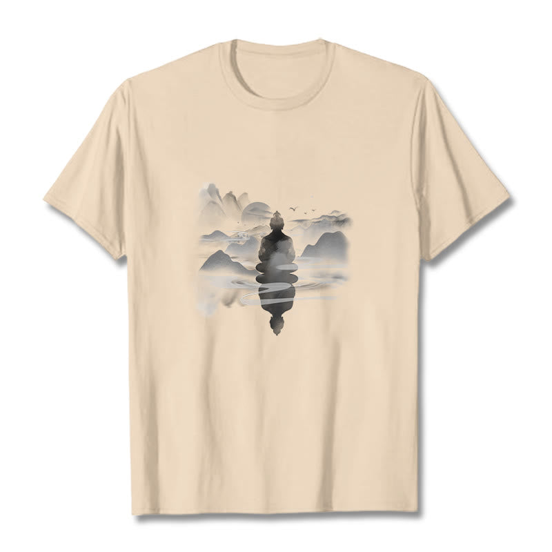 Meditating Buddha Sitting In Mountains Pattern Cotton Tee T-shirt
