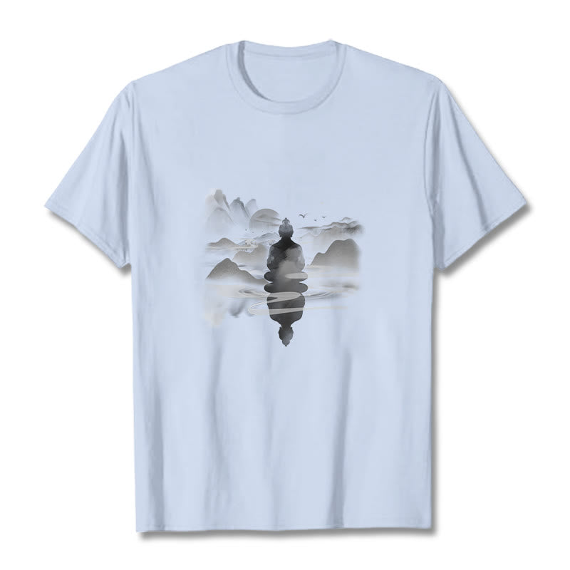 Meditating Buddha Sitting In Mountains Pattern Cotton Tee T-shirt