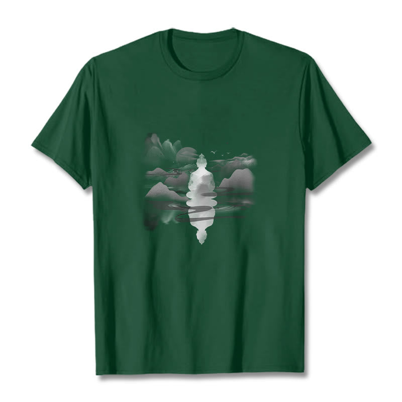 Meditating Buddha Sitting In Mountains Pattern Cotton Tee T-shirt