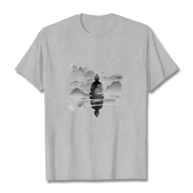 Meditating Buddha Sitting In Mountains Pattern Cotton Tee T-shirt