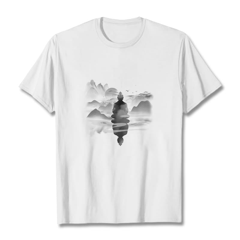 Meditating Buddha Sitting In Mountains Pattern Cotton Tee T-shirt