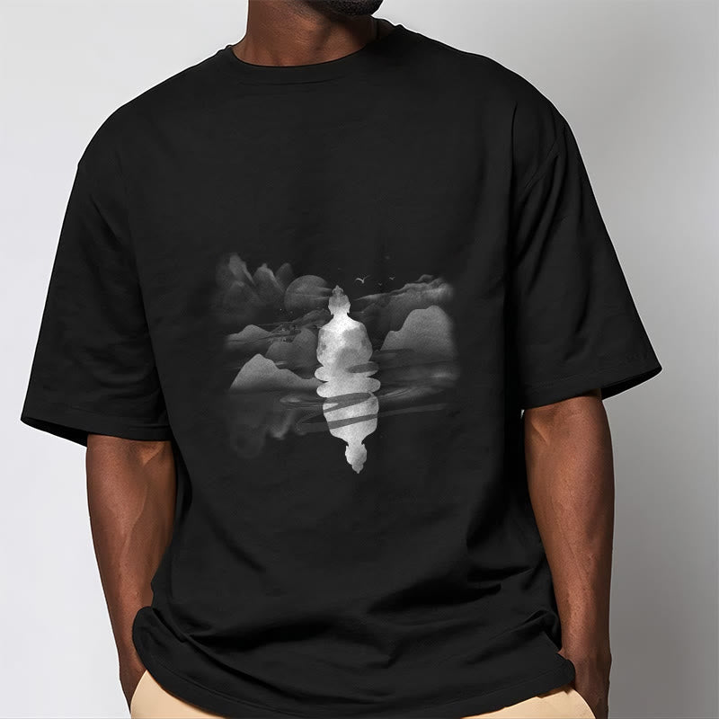Meditating Buddha Sitting In Mountains Pattern Cotton Tee T-shirt