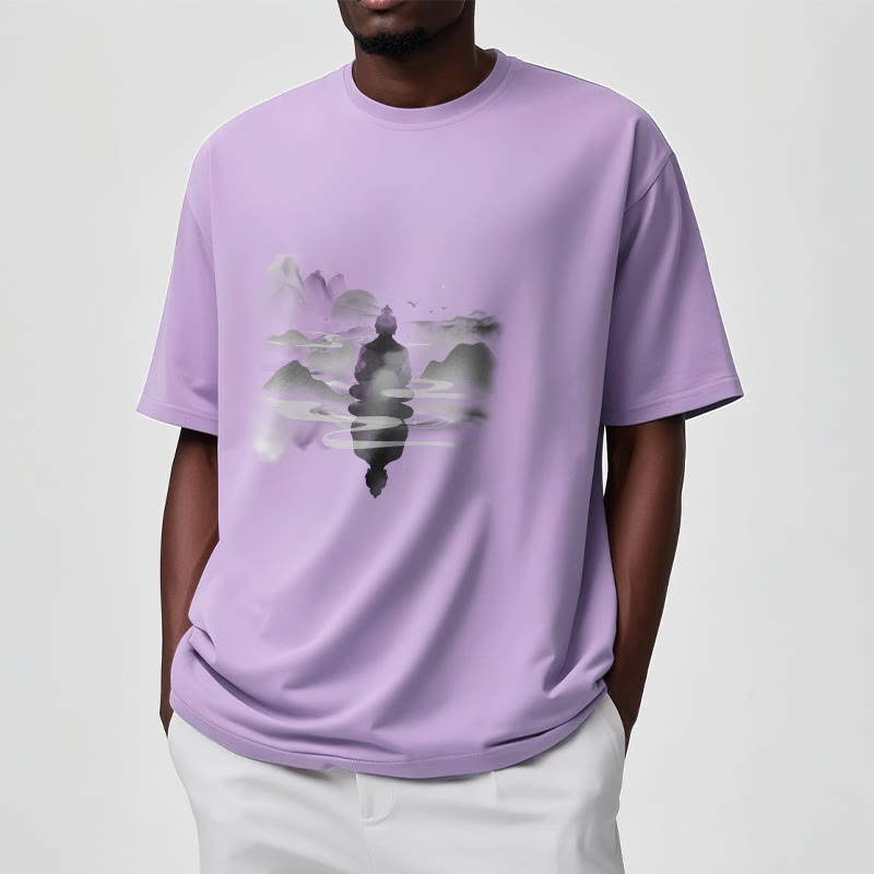 Meditating Buddha Sitting In Mountains Pattern Cotton Tee T-shirt