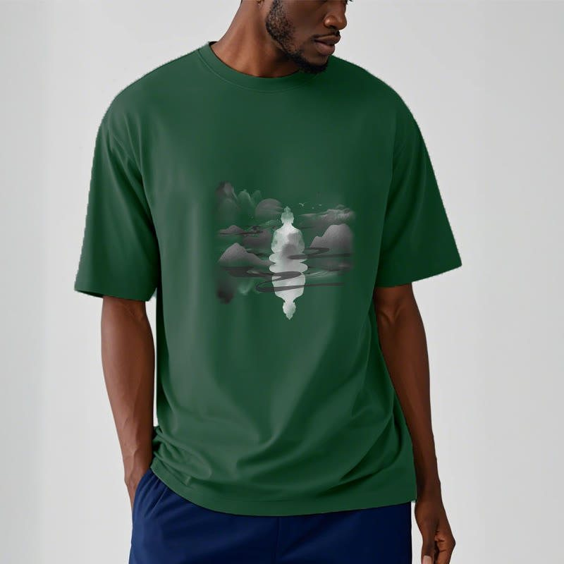 Meditating Buddha Sitting In Mountains Pattern Cotton Tee T-shirt