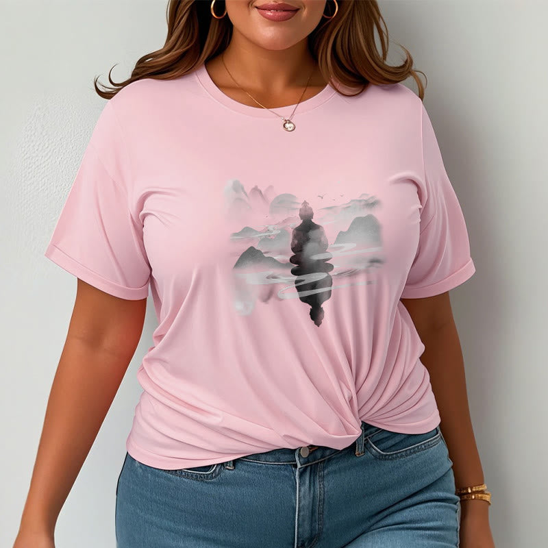 Meditating Buddha Sitting In Mountains Pattern Cotton Tee T-shirt
