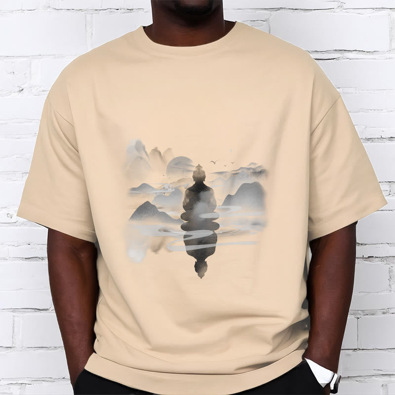 Meditating Buddha Sitting In Mountains Pattern Cotton Tee T-shirt