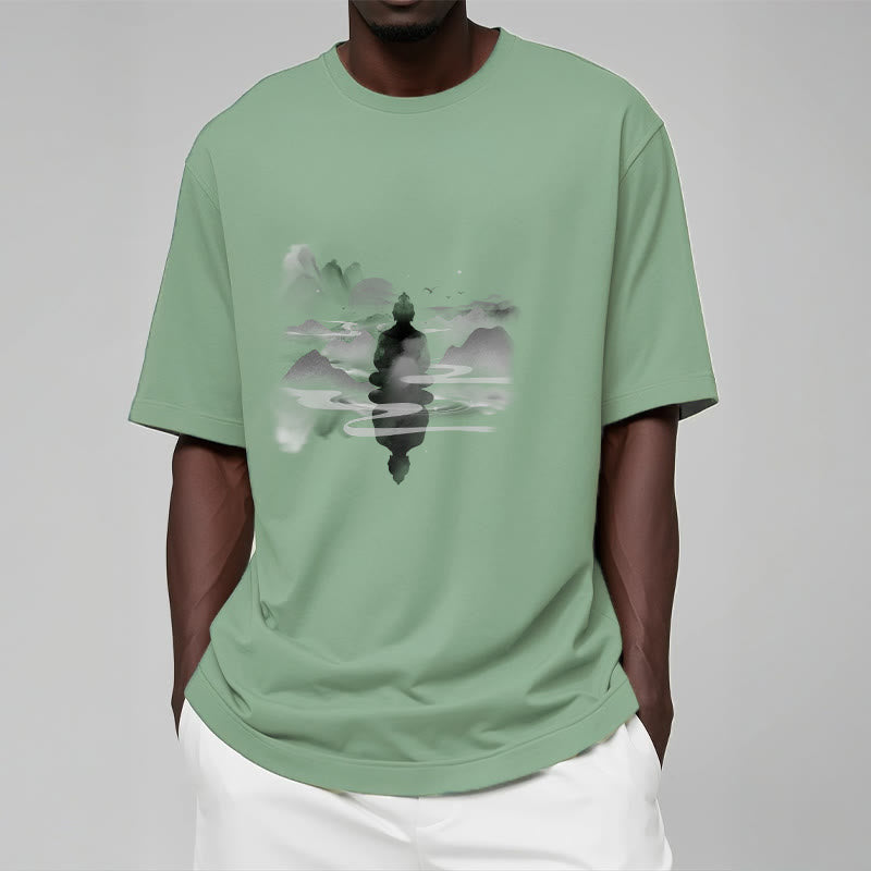 Meditating Buddha Sitting In Mountains Pattern Cotton Tee T-shirt