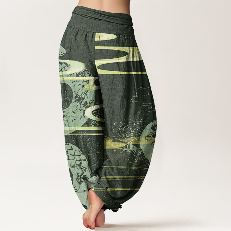 Cotton Auspicious Clouds With Snake Pattern Women's Elastic Waist Harem Pants