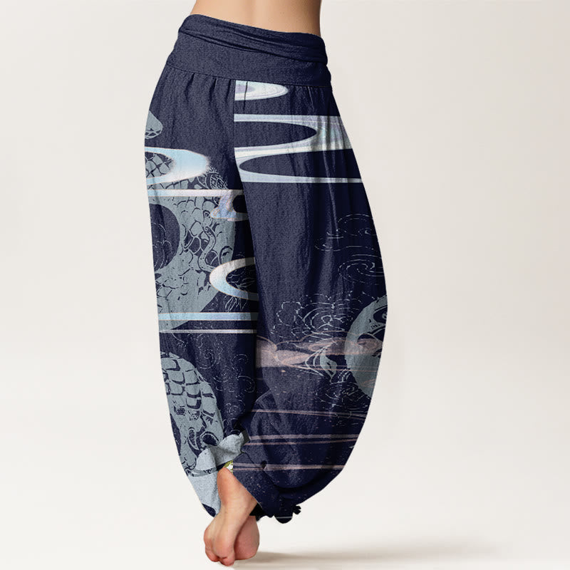 Cotton Auspicious Clouds With Snake Pattern Women's Elastic Waist Harem Pants