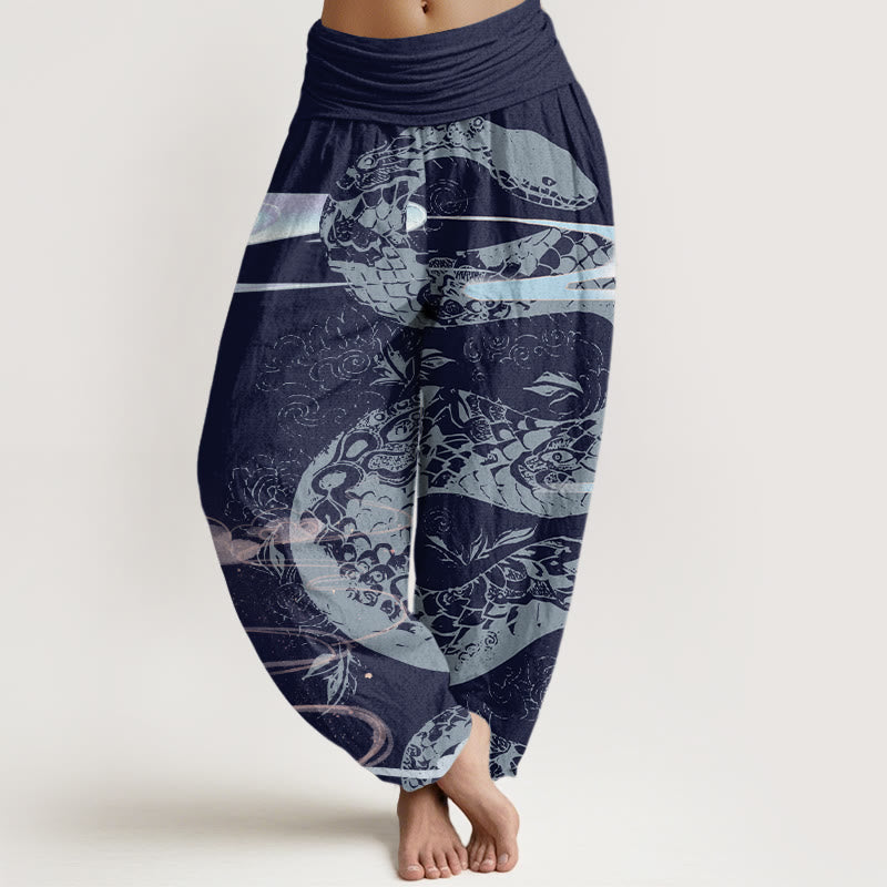 Cotton Auspicious Clouds With Snake Pattern Women's Elastic Waist Harem Pants