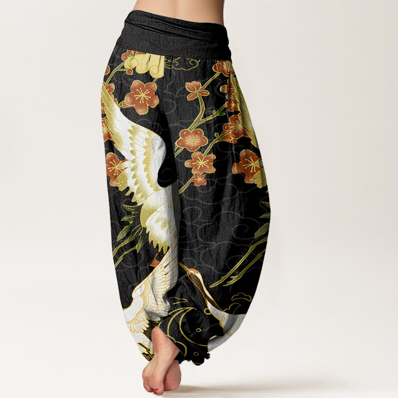 Cotton Cranes Flowers Auspicious Clouds pattern Women's Elastic Waist Harem Pants