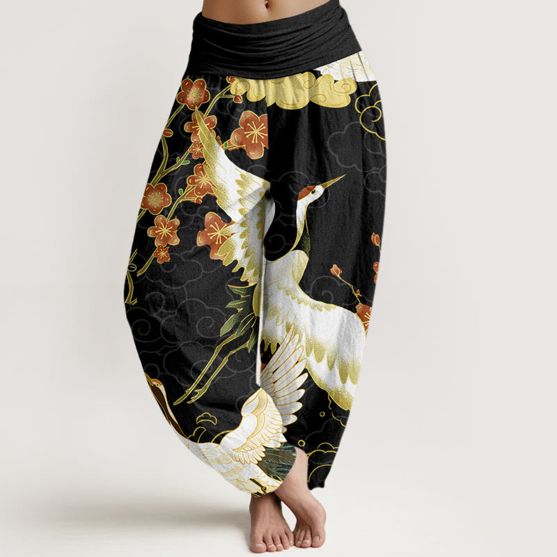 Cotton Cranes Flowers Auspicious Clouds pattern Women's Elastic Waist Harem Pants