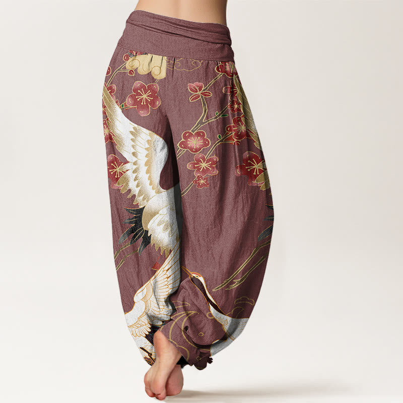 Cotton Cranes Flowers Auspicious Clouds pattern Women's Elastic Waist Harem Pants