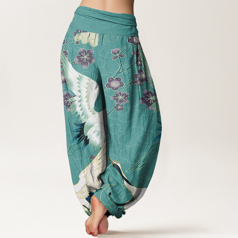 Cotton Cranes Flowers Auspicious Clouds pattern Women's Elastic Waist Harem Pants