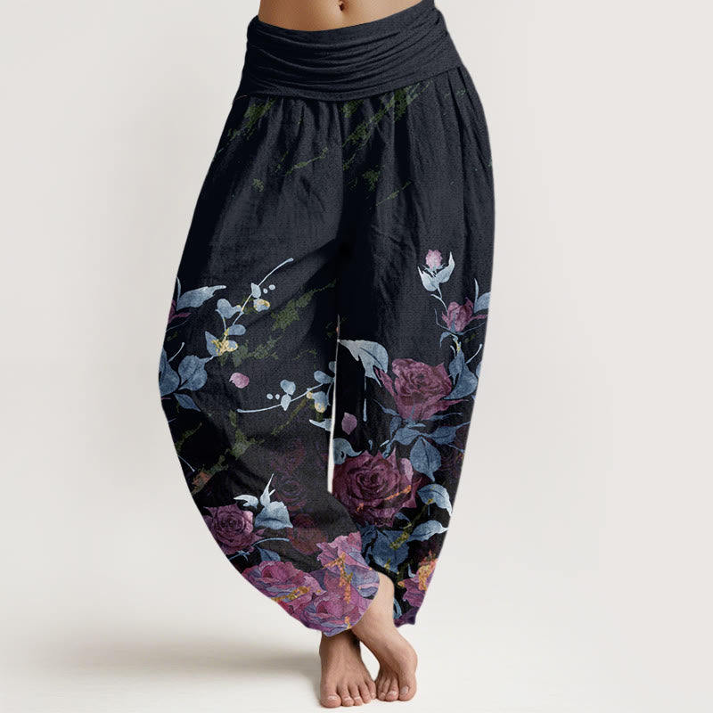 Cotton Blooming Roses Pattern Women's Elastic Waist Harem Pants