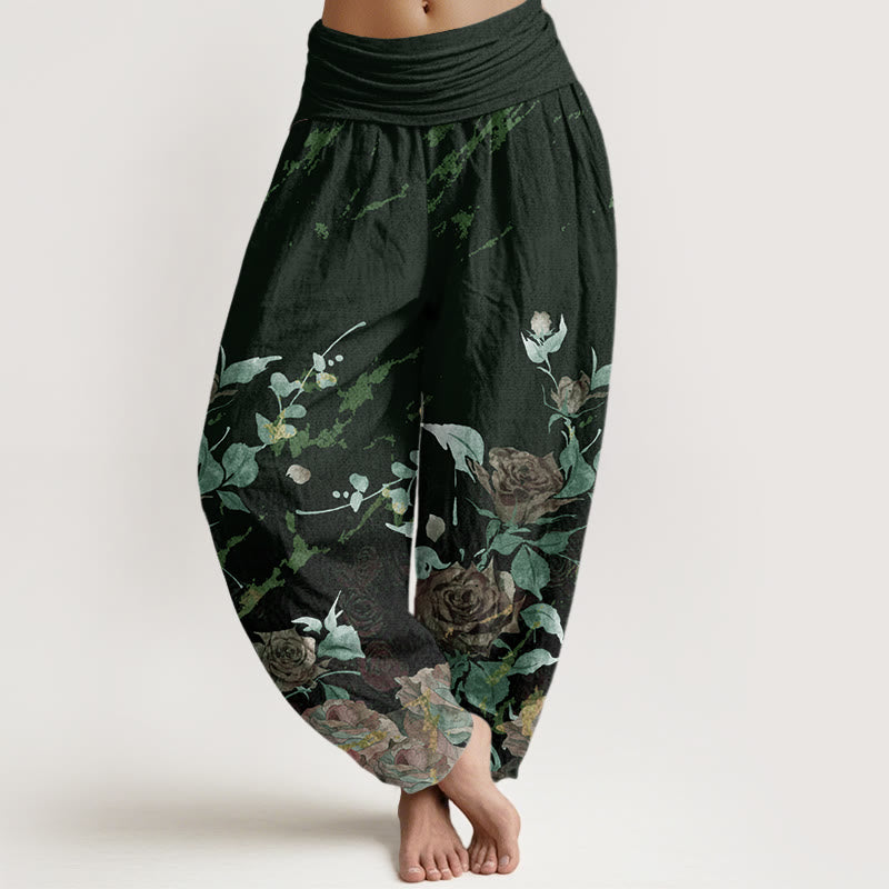 Cotton Blooming Roses Pattern Women's Elastic Waist Harem Pants