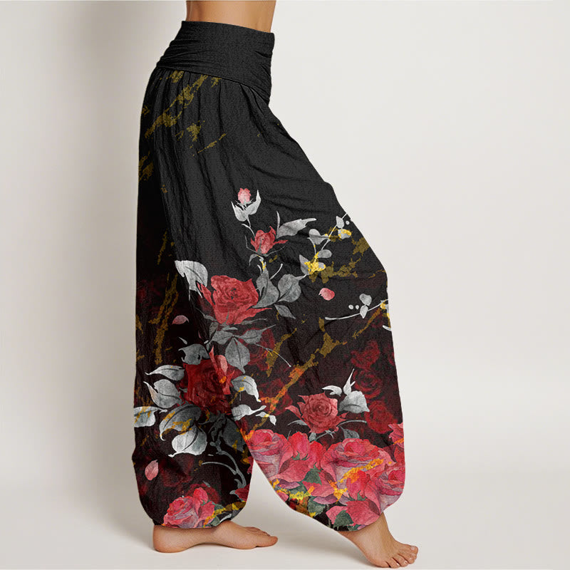 Cotton Blooming Roses Pattern Women's Elastic Waist Harem Pants