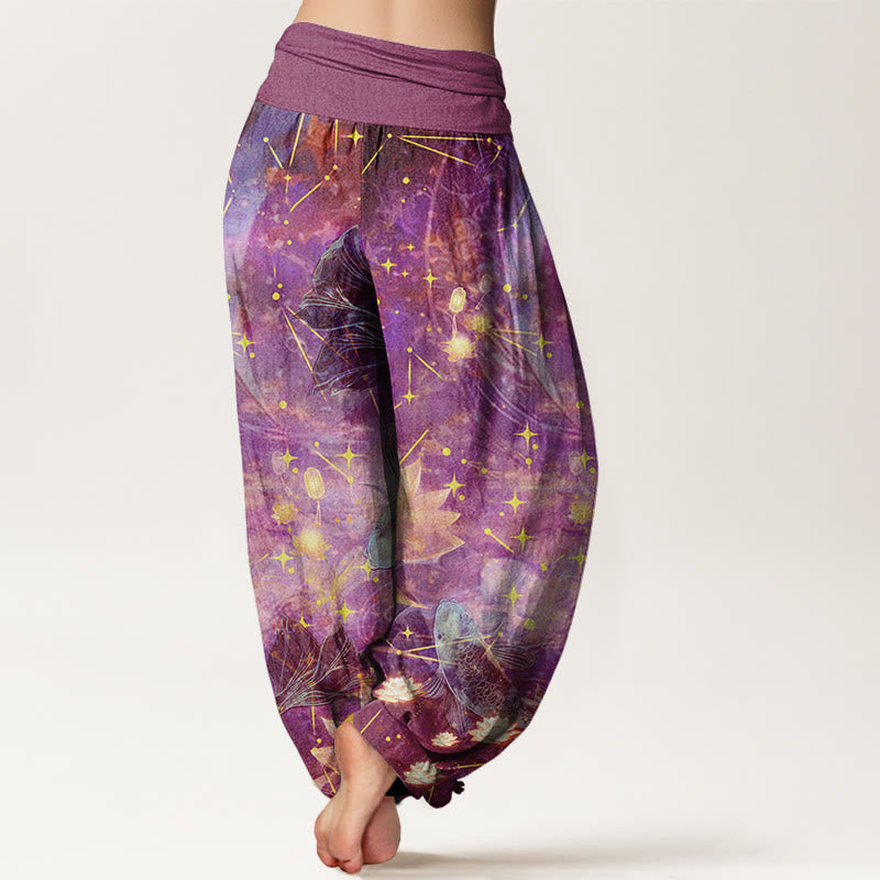 Cotton Koi Fish Lotus Moon Stars Pattern Women's Elastic Waist Harem Pants